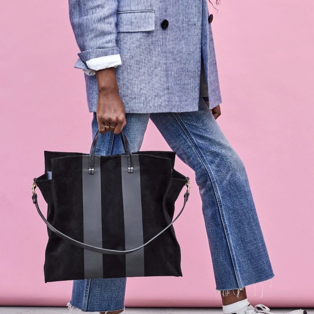 Clare V Simple Tote Black w/ Racing Stripes (Suede)